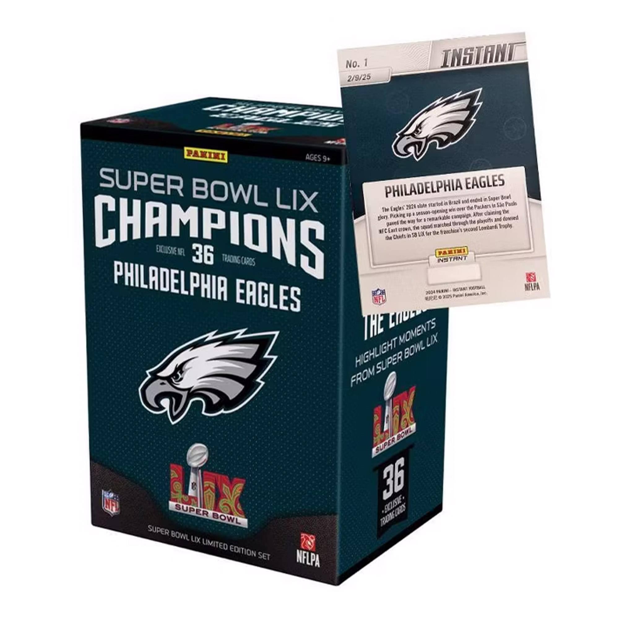 Sure, here is the corrected and grouped text from the image:

---

**No. 1 2/9/25**

**INSTANT CNA PARINI AGES 9+**

**SUPER BOWL LIX**

**PHILADELPHIA EAGLES**

**CHAMPIONS**

**EXCLUSIVE NFL 36 TRADING CARDS**

**THE MOMENTS**

**HIGHLIGHT MOMENTS FROM SUPER BOWL LIX**

**LIMITED EDITION SET**

**NFLPA**

**PHILADELPHIA EAGLES**

**The Eagles' 2022 season started with a Super Bowl and ended with a Super Bowl. Picking up where they left off, the Eagles dominated the NFC, earning a spot in the Super Bowl for the second time in four years. The Eagles' defense was dominant, allowing just 17 points in the playoffs. The offense was led by Jalen Hurts, who threw for 2,200 yards and 13 touchdowns in the playoffs. The Eagles' defense was led by their defensive line, which was anchored by Fletcher Cox and Javon Hargrave. The Eagles' defense held the Packers to just 17 points in the Super Bowl. The