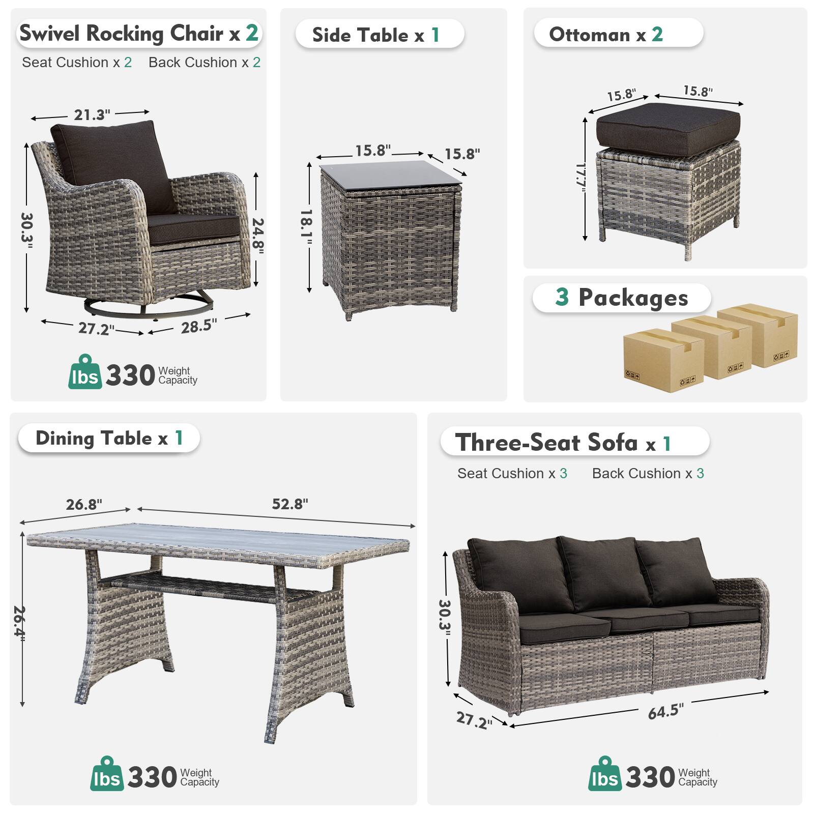 Swivel Rocking Chair x 2  
Seat Cushion x 2  
Back Cushion x 2  

Side Table x 1  

Ottoman x 2  

Dining Table x 1  

Three-Seat Sofa x 1  
Seat Cushion x 3  
Back Cushion x 3  

3 Packages  

Dimensions:  
- Swivel Rocking Chair: 21.3" W x 24.8" H x 27.2" D  
- Side Table: 15.8" W x 15.8" D x 18.1" H  
- Ottoman: 15.8" W x 15.8" D x 15.8" H  
- Dining Table: 26.8" W x 52.8" L x 26.4" H  
- Three-Seat Sofa: 64.5" W x 30.3" H x 27.2" D  

Weight Capacity: 330 lbs