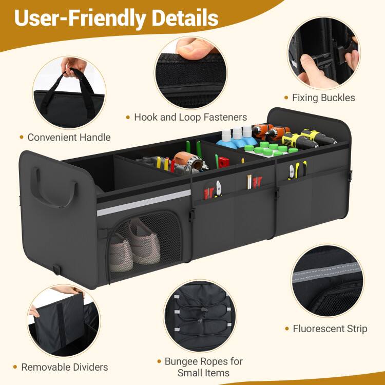 User-Friendly Details  
- Hook and Loop Fasteners  
- Fixing Buckles  
- Convenient Handle  
- Removable Dividers  
- Bungee Ropes for Small Items  
- Fluorescent Strip