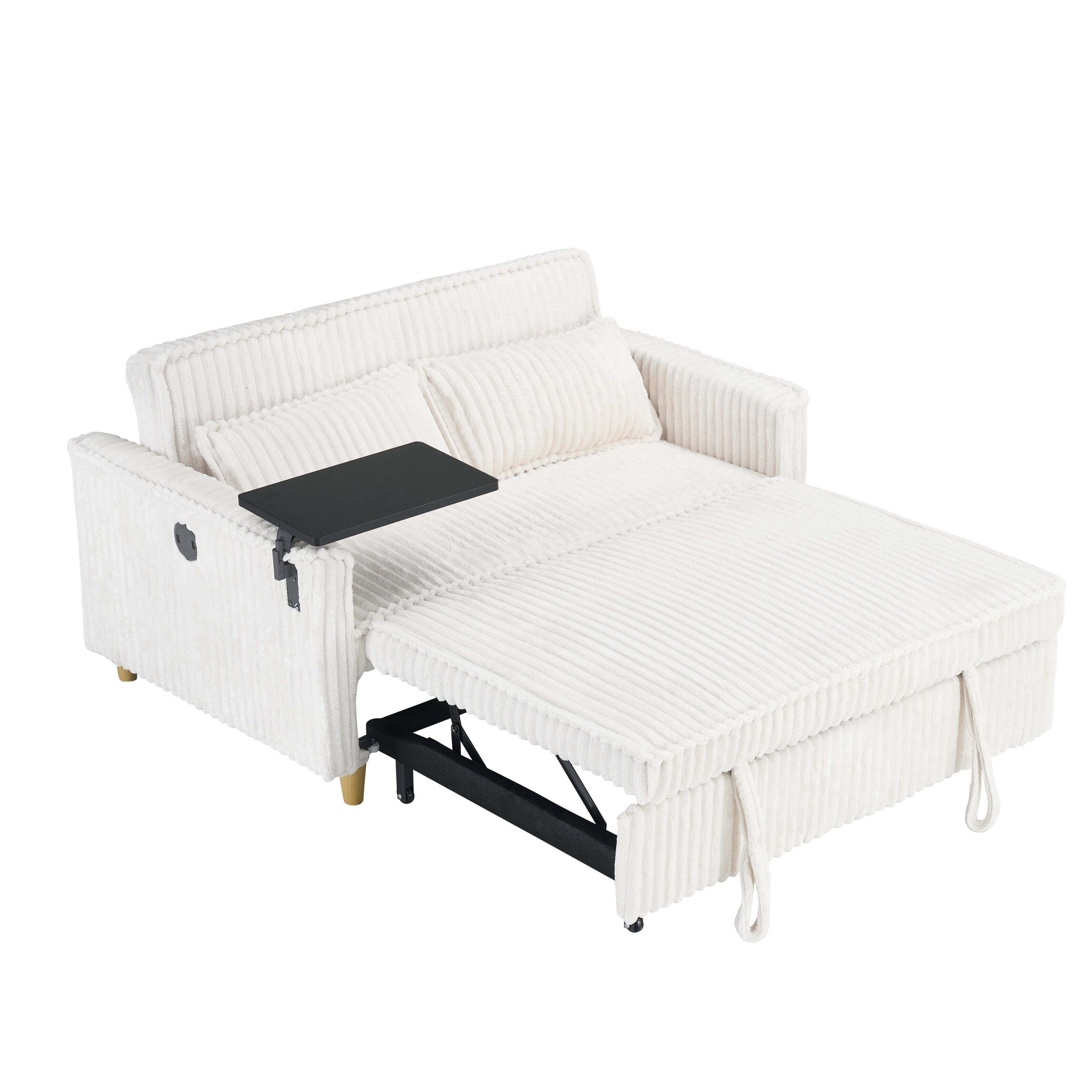 Front. Trinkets Crazed - Corduroy 3-In-1 Convertible Sleeper Sofa Bed,Upholstered Pull Out Futon Loveseat Couch with Adjustable Backrest - Beige.