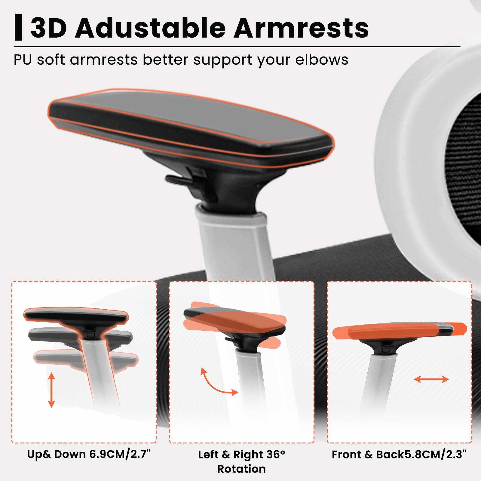 3D Adjustable Armrests

PU soft armrests better support your elbows

Up & Down 6.9CM/2.7"

Left & Right 36° Rotation

Front & Back 5.8CM/2.3"