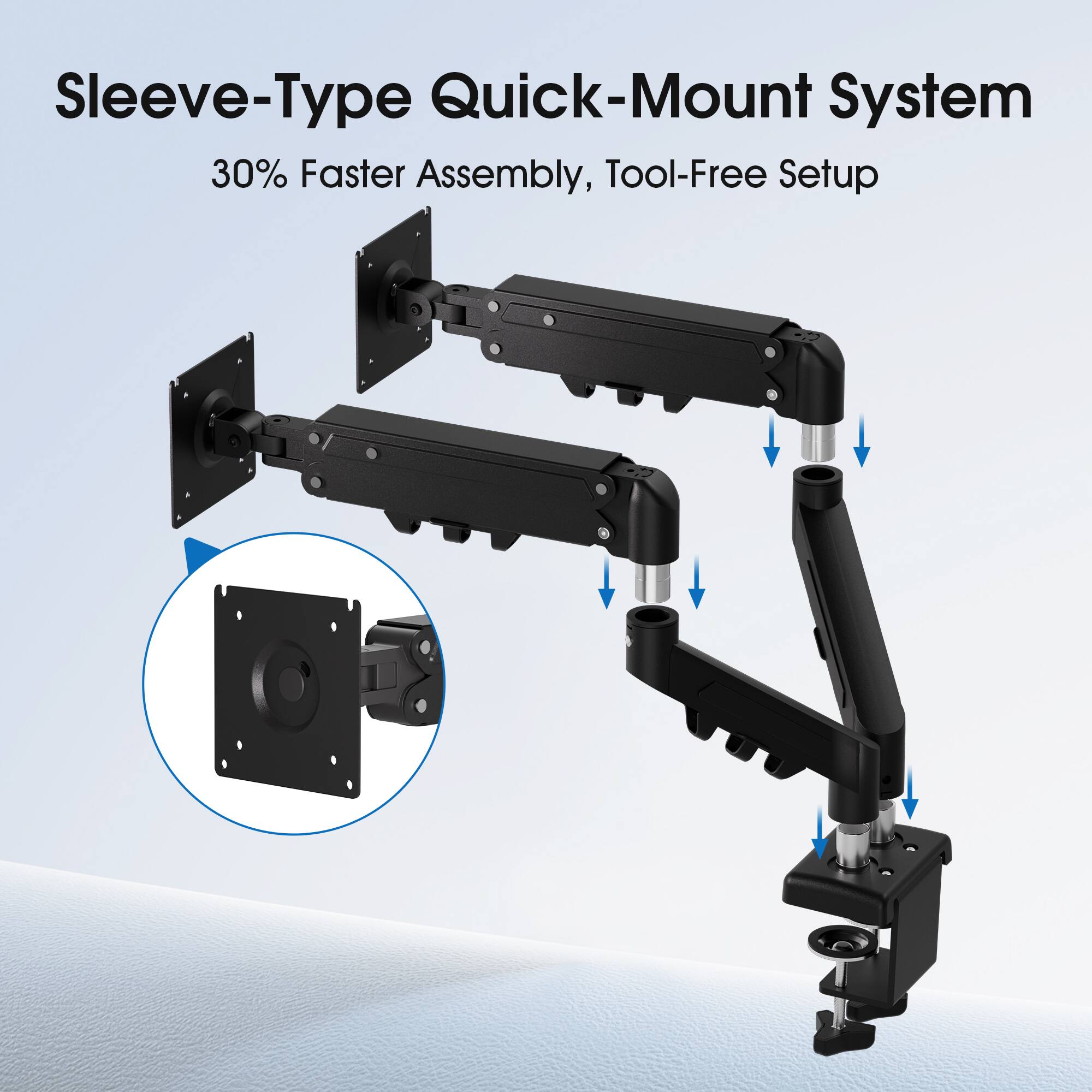 Sleeve-Type Quick-Mount System  
30% Faster Assembly, Tool-Free Setup