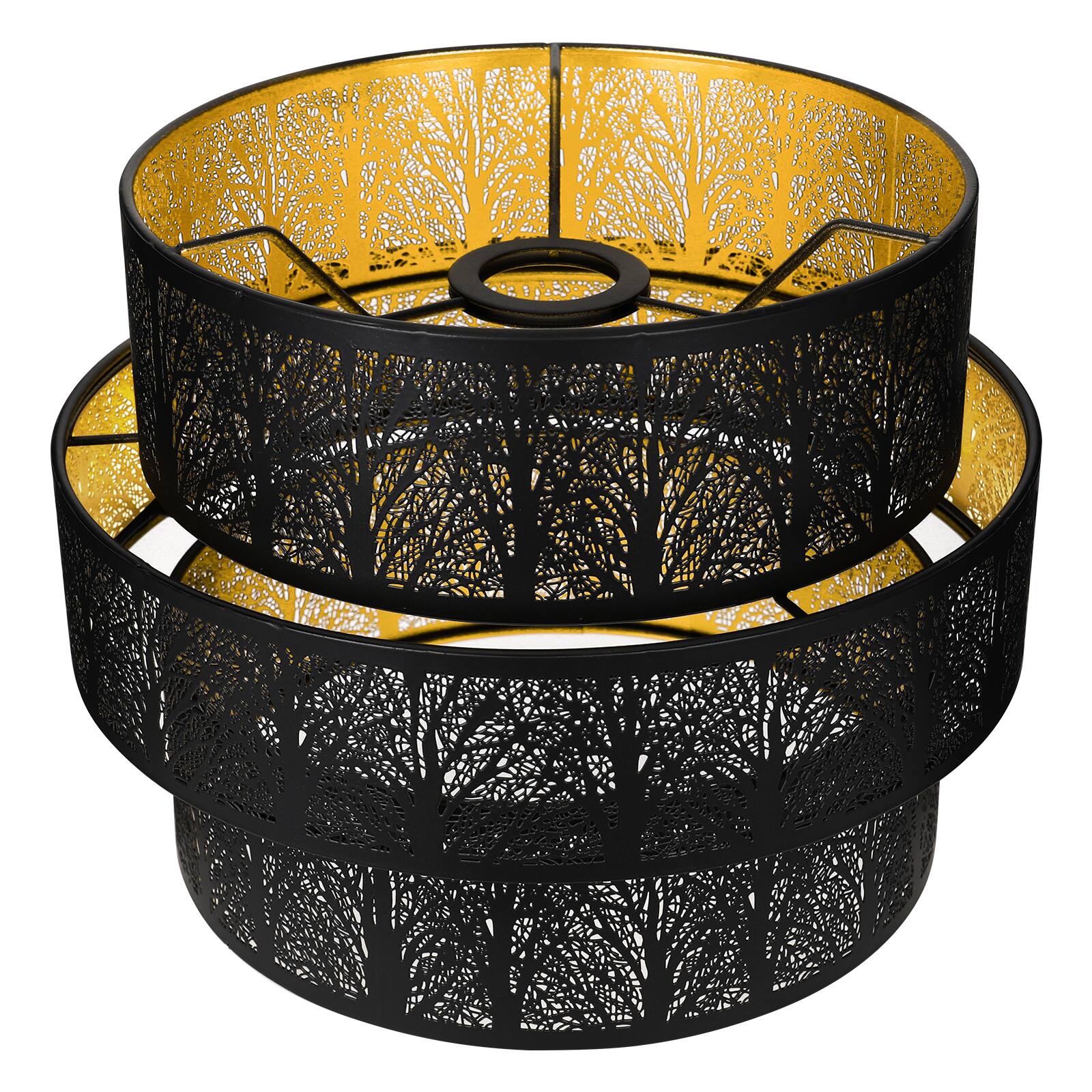 Front. Alucset - 3-tier Drum Lampshade, ALUCSET Metal Lamp Shades for Pendant Lamp Floor Lamp Chandelier, Replacement Shade, UNO Fitter - Black & Gold.