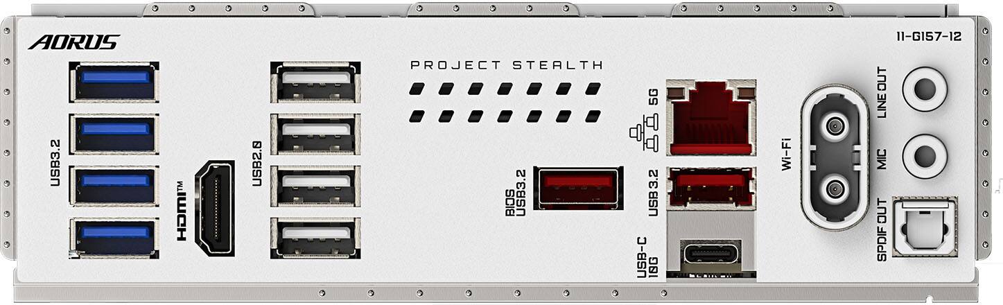 Aorus USB3.2 HOMI USB2.0 PROJECT STEALTH BIOS USB3.2 5G 3.2 USB USB-C 1BG Wi-Fi 11-G157-12 LINEOUT MIC OUT SPDIF