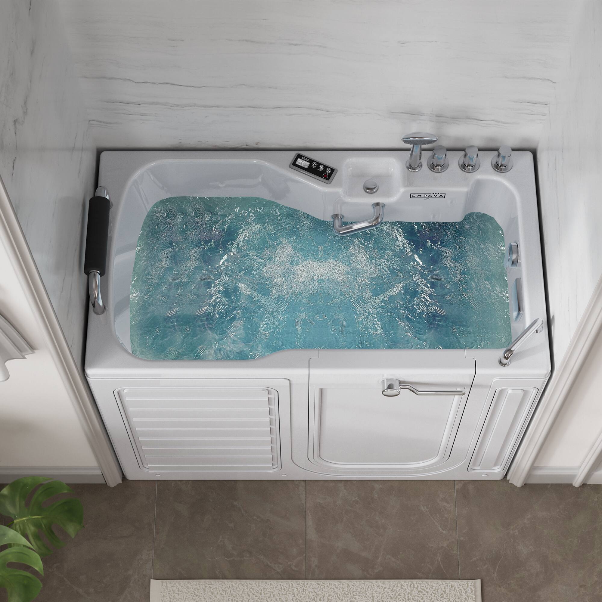 Angle. Empava - 54 in. x 30 in. Right Drain Whirlpool Air Combination Walk-in Bathtub with Outward Opening Door for Senior Care in White - White.