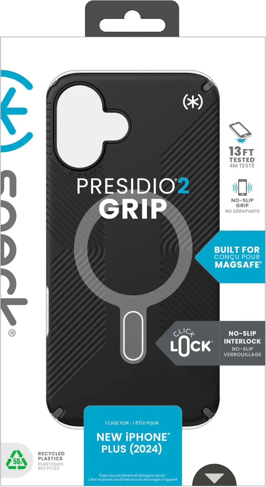 *) E 13 FT TESTED 4M TEST B PRESIDIO2 NO-SLIP GRIP GRIP NO DRAPANTE seeck CONU BUILT MAGSAFE POUR FOR  CLICK NO-SLIP INTERLOCK L0CK VERROUILLAGE NO-SLIP 1 CASE FOR 1 TUI POUR 50% RECYCLED PLASTICS PLASTIQUES RECYCLES NEW iPHONE PLUS (2024) "Case may not prevent all damage to device"