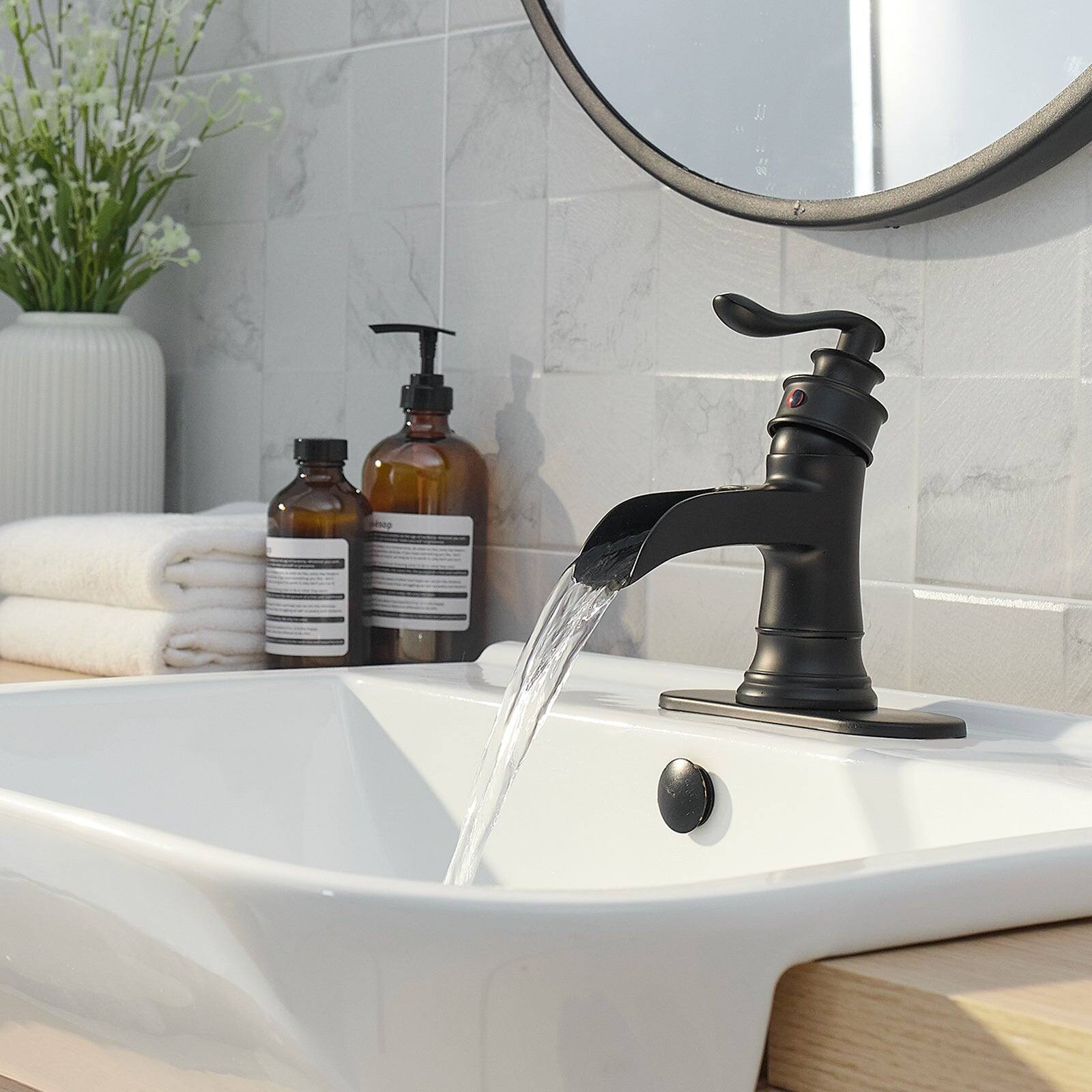 Alt View 3. Boyel Living - Waterfall Single Hole Single-Handle Low-Arc Bathroom Faucet With Pop-up Drain Assembly in Matte Black - Matte Black.