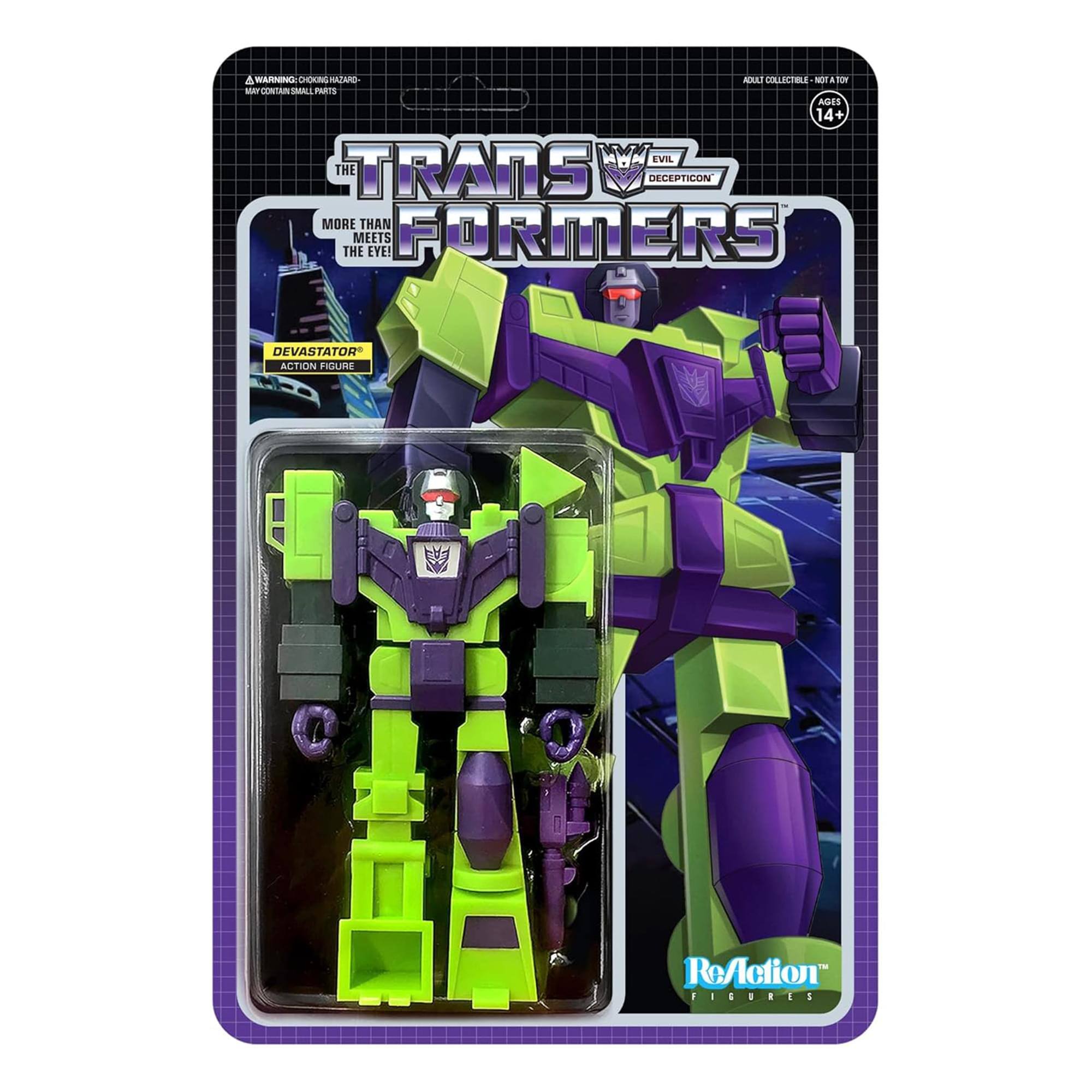 TRANSFORMERS  
EVIL DECEPTICON  
DEVASTATOR  
ACTION FIGURE  

MORE THAN MEETS THE EYE!  

WARNING: CHOKING HAZARD - SMALL PARTS  
MAY CONTAIN SMALL PARTS  

ADULT COLLECTIBLE - NOT A TOY  
AGES 14+  

ReAction FIGURES