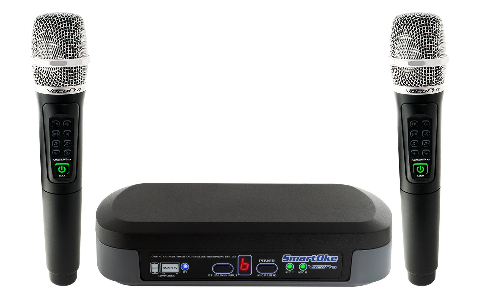 The text on the image reads: "VOCOPro VOcOPro Fn  Fn 0c0 * 0C0 + 2 J 8- 9- d TO TO U LEA C LOO L AL BAAUME AMSER AN WIRLESS A SISIEAS - A IV DE LEMATIO T UNLINK/INPUT POWER SmartOke rnPru MIL 1 MIL e MII PAIR 1."