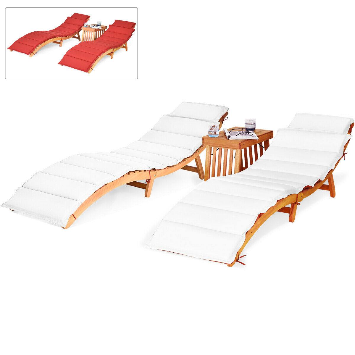 Alt View 1. Gymax - Gymax 3 PCS Folding Eucalyptus Lounge Chair & Table Set w/ Double-sided Cushion - Red.