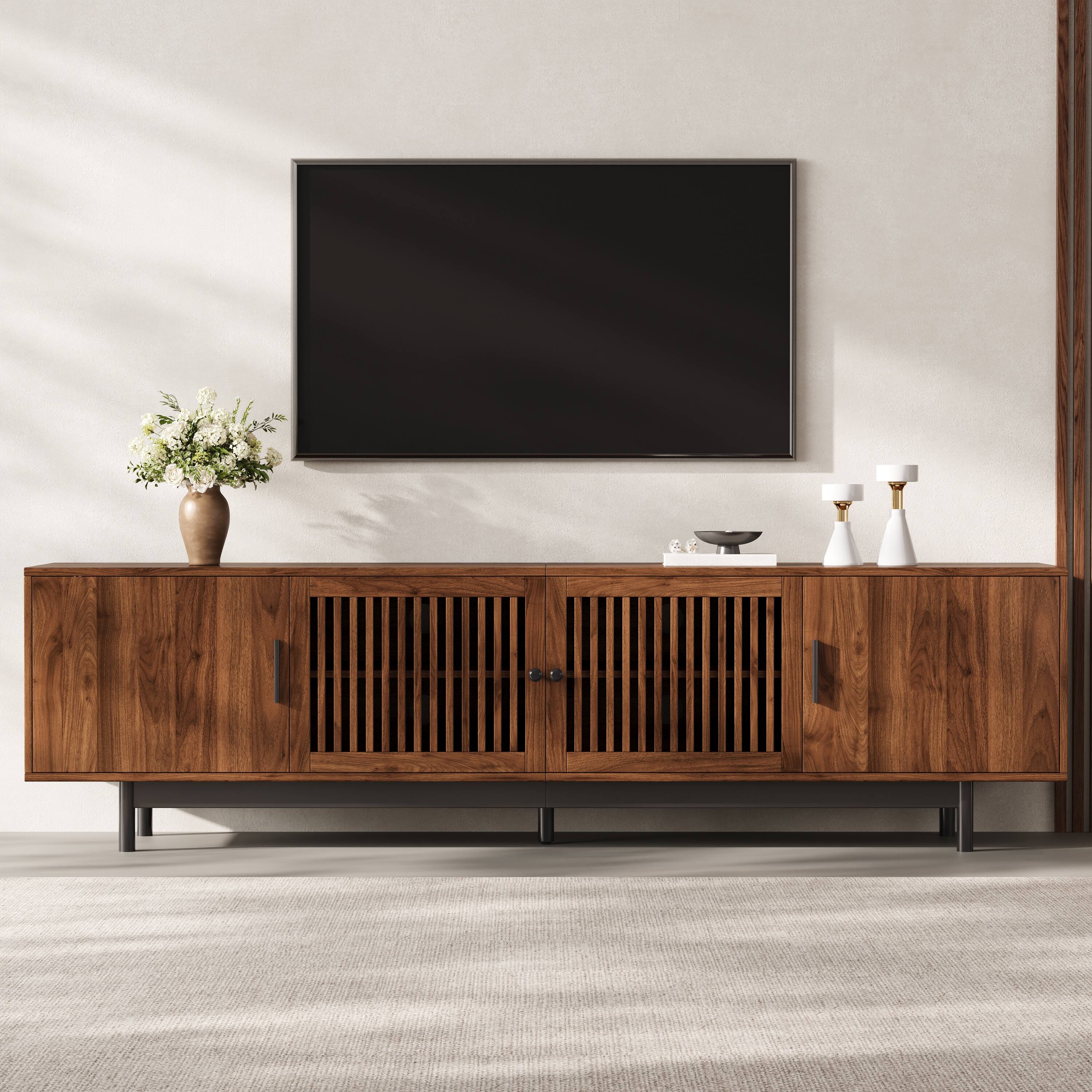 MERAVOM - Mid-Century Modern TV Stand for TVs Up to 85", Entertainment Center with Storage,TV Console with 4 Doors for Living Room - Walnut