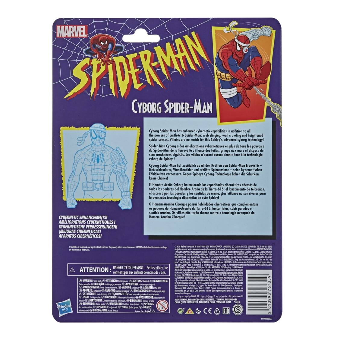 Sure, here is the corrected and grouped text from the image:

---

**MARVEL**

**SPIDER-MAN**

**CYBORG SPIDER-MAN**

Cyborg Spider-Man has enhanced cybernetic capabilities in addition to all the powers of Earth-616 Spider-Man: web slinging, wall crawling and heightened spider senses. Villains are no match for this Spidey's advanced cyborg technology!

Cyborg Spider-Man hat zusätzliche alle Kräfte von Spider-Man Erde-616 – Netzschleuderer, Wandkrabbler und erhöhte Spinnensinne – seine kybernetischen Fähigkeiten verbessert. Gegen Spideys Cyborg-Technologie haben die Schurken keine Chance!

Cyborg Spider-Man des améliorations cybernétiques plus de tous les pouvoirs de Spider-Man de Terre-614 lonce des toiles, grimpe aux murs dispose de Sens arachnens oiguiss. Les vilo n'ouront ecUn chance face le technologie cyborg de Spidey!

Cyborg Spider-Man ha mejorado sus capacidades cibernéticos odems de todos los poderes del Hombre Araña de