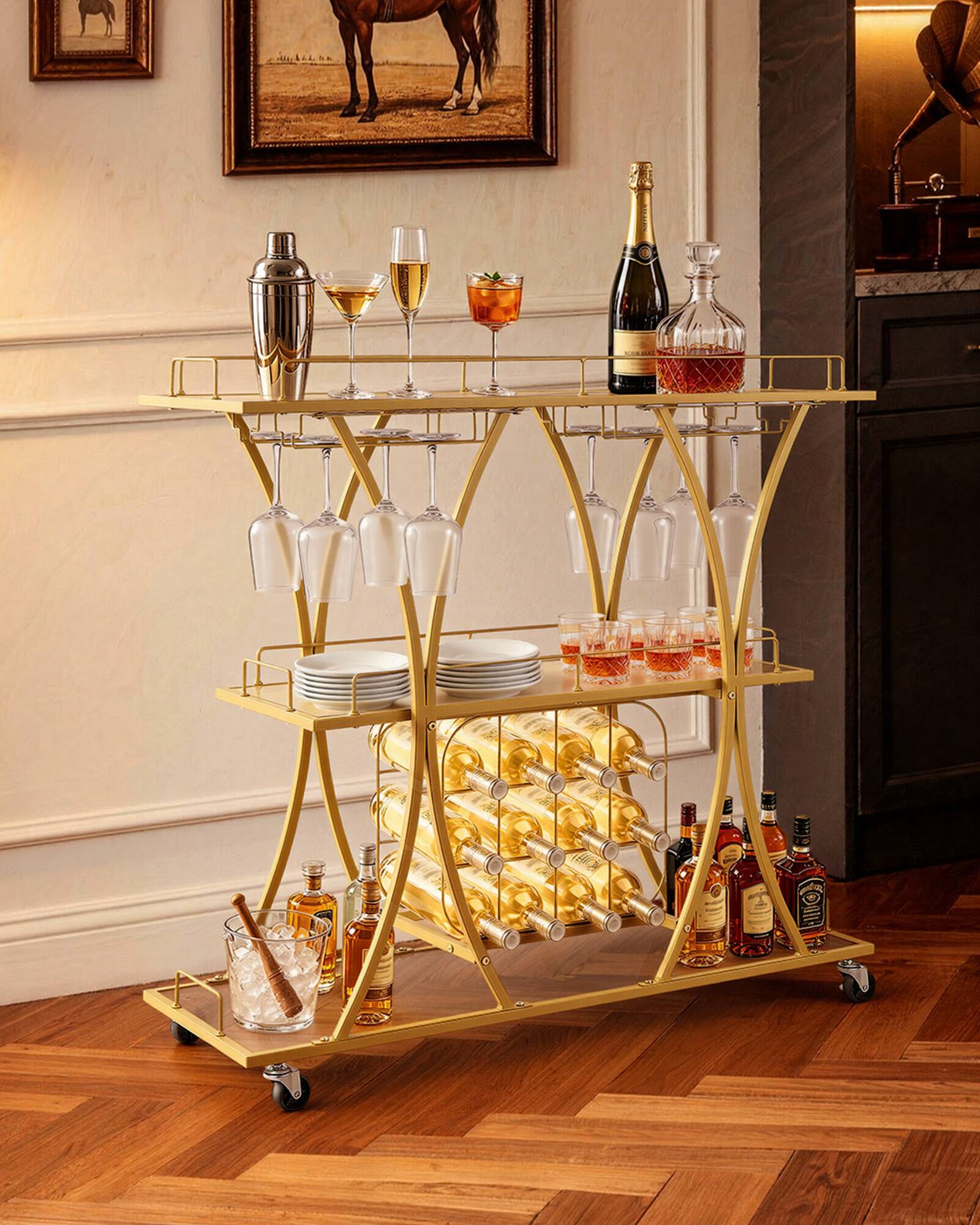 Alt View 3. VEVOR - Bar Cart, 3 Tiers Home Kitchen Serving Carts, Modern Rolling Utility Station on Wheels, Drink Beverage Trolley - Gold.