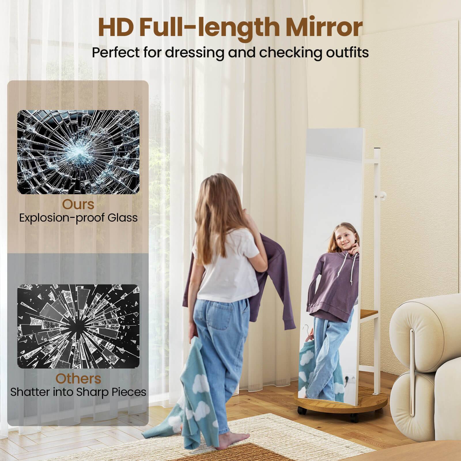 HD Full-length Mirror  
Perfect for dressing and checking outfits  

Ours  
Explosion-proof Glass  

Others  
Shatter into Sharp Pieces