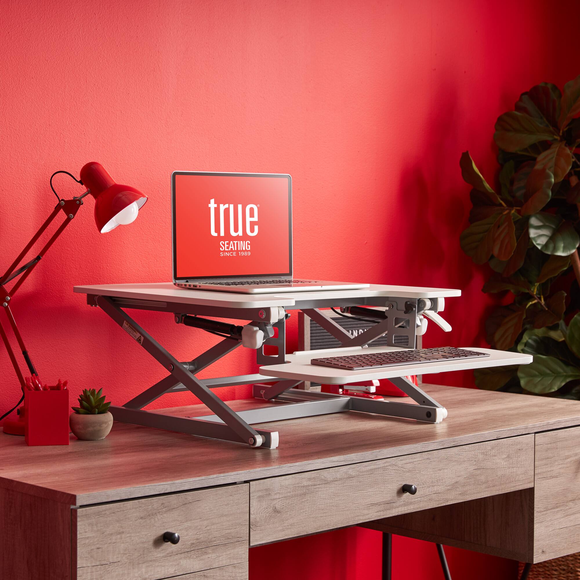 The image features a laptop sitting on a desk with a red wall behind it. The laptop is positioned on a stand, which is part of a desk organizer. There are two lamps on the desk, one on the left side and the other on the right side. A potted plant is also present on the right side of the desk. The desk appears to be in a home office setting.