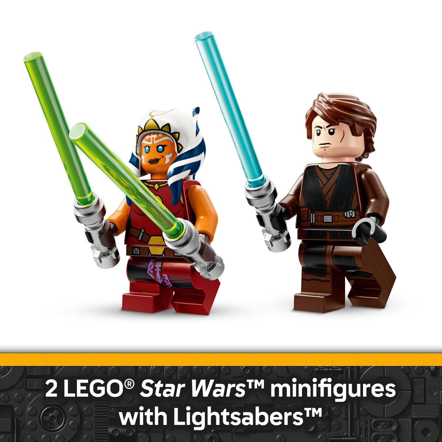 2 LEGO Star Wars minifigures with Lightsabers.