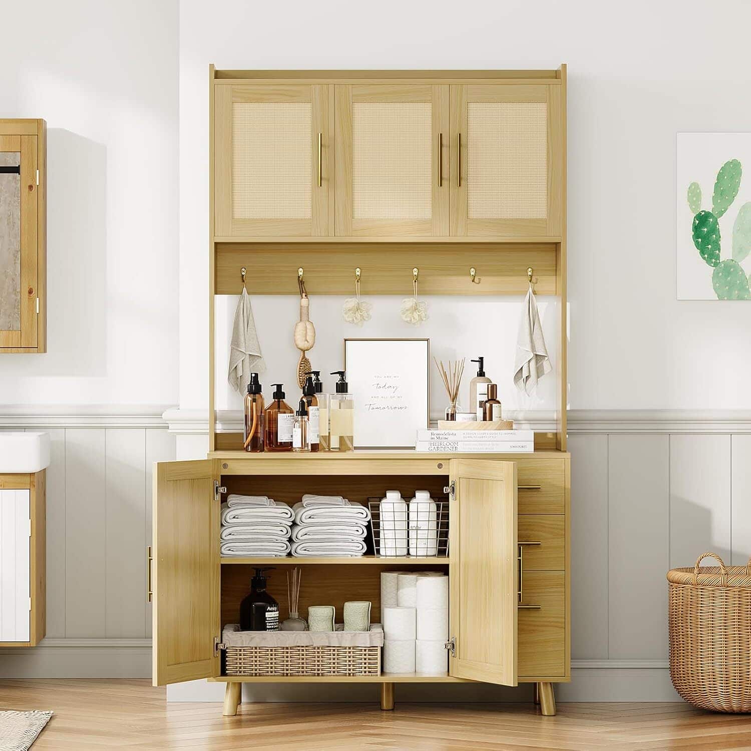 Qeetex - Rattan Pantry Cabinet, 71in Kitchen Pantry with Microwave Stand, Freestanding Hutch with Drawers, Doors and Hooks - Natural