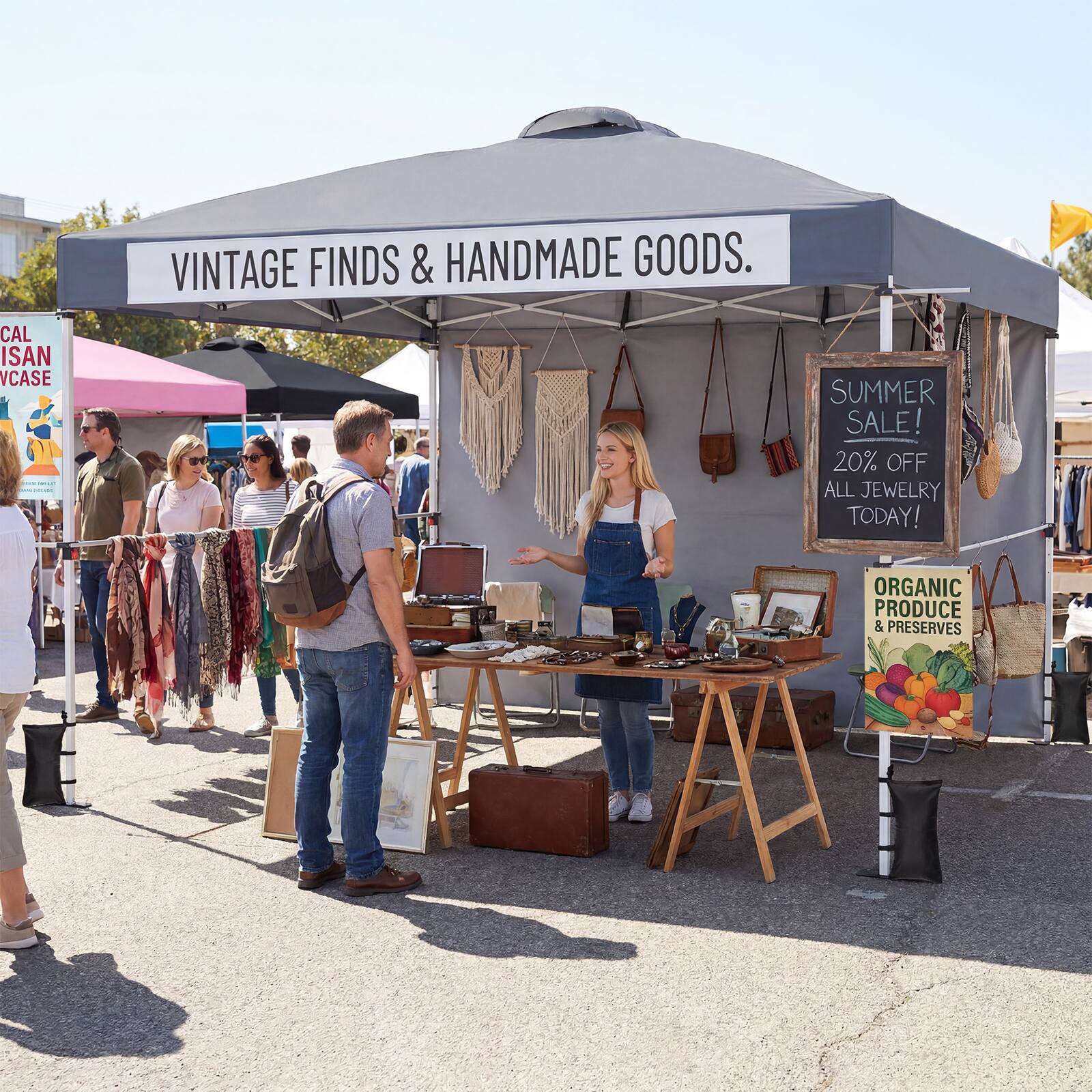 CAL ISAN CASE PCONE  
VINTAGE FINDS & HANDMADE GOODS.  
SUMMER SALE! 20% OFF ALL JEWELRY TODAY!  
ORGANIC PRODUCE & PRESERVES