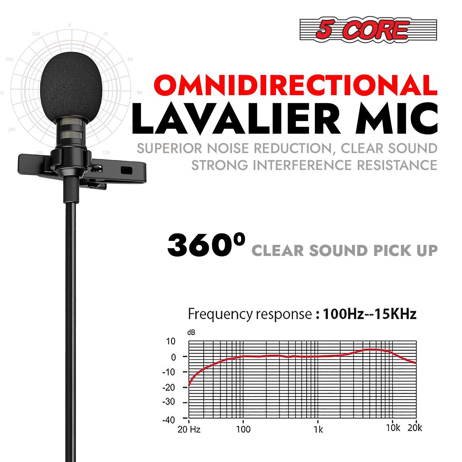 360° CLEAR SOUND PICK UP
OMNIDIRECTIONAL LAVALIER MIC
SUPERIOR NOISE REDUCTION, CLEAR SOUND STRONG INTERFERENCE RESISTANCE
Frequency response: 100Hz--15KHz
dB
20 Hz
100
1k
10k
20k
-10
-20
-30
-40