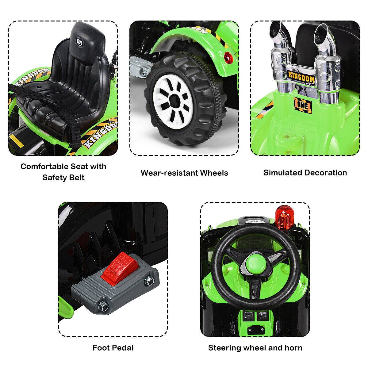 OK
KINGDOM ONE
Comfortable Seat with Safety Belt
Wear-resistant Wheels
Simulated Decoration
Foot Pedal
Steering wheel and horn