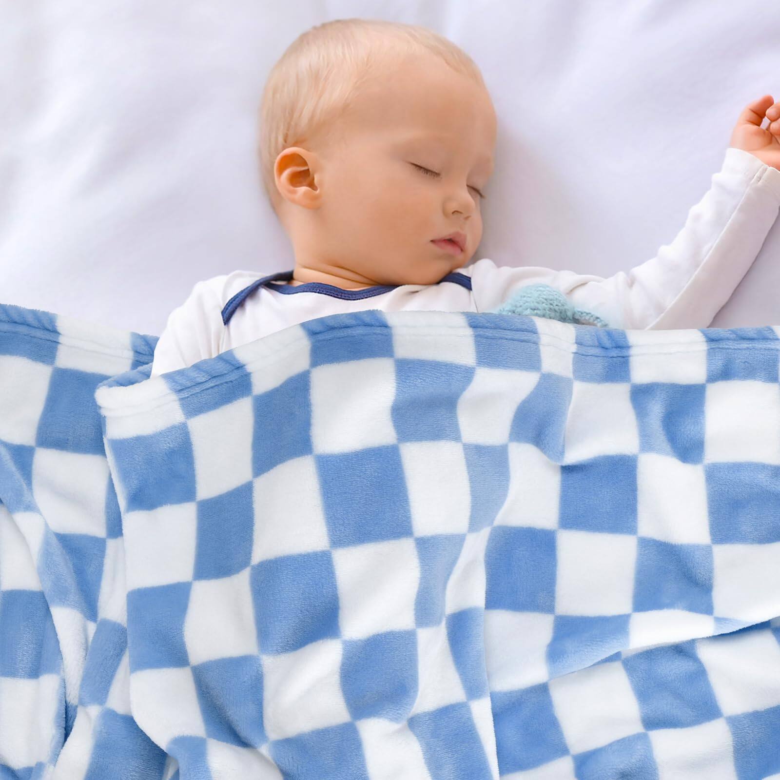 Alt View 1. Fabibe - Plush Checkered Blanket For 30"*40" Warm Short Fleece Neutral Small Fuzzy Sleeping Chenille (blue&white) - Blue&white.