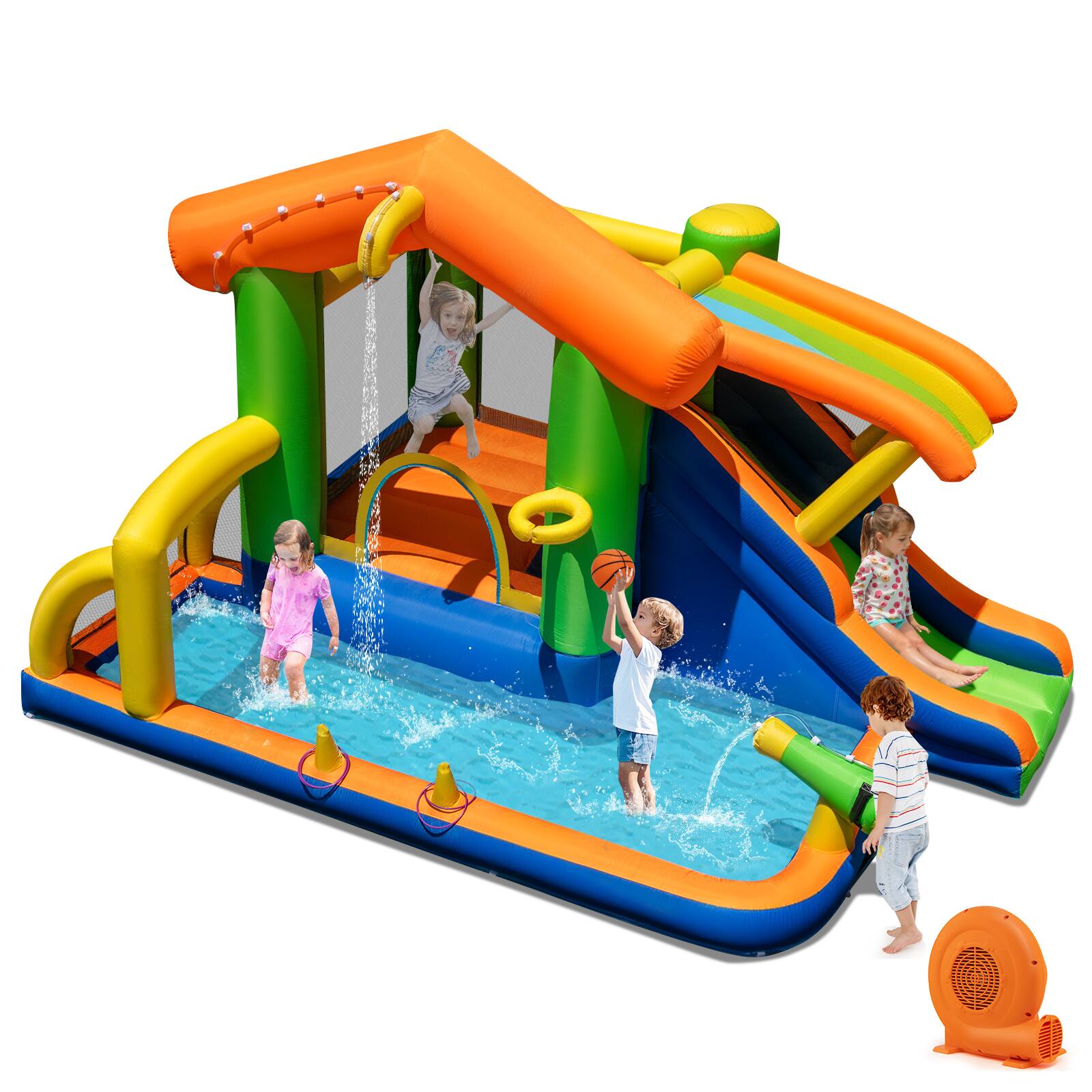 Alt View 8. Costway - Costway 8-in-1 Multifunctional Water Park with Slide With Climbing Wall Water Cannon with 520W Blower - Multicolor.