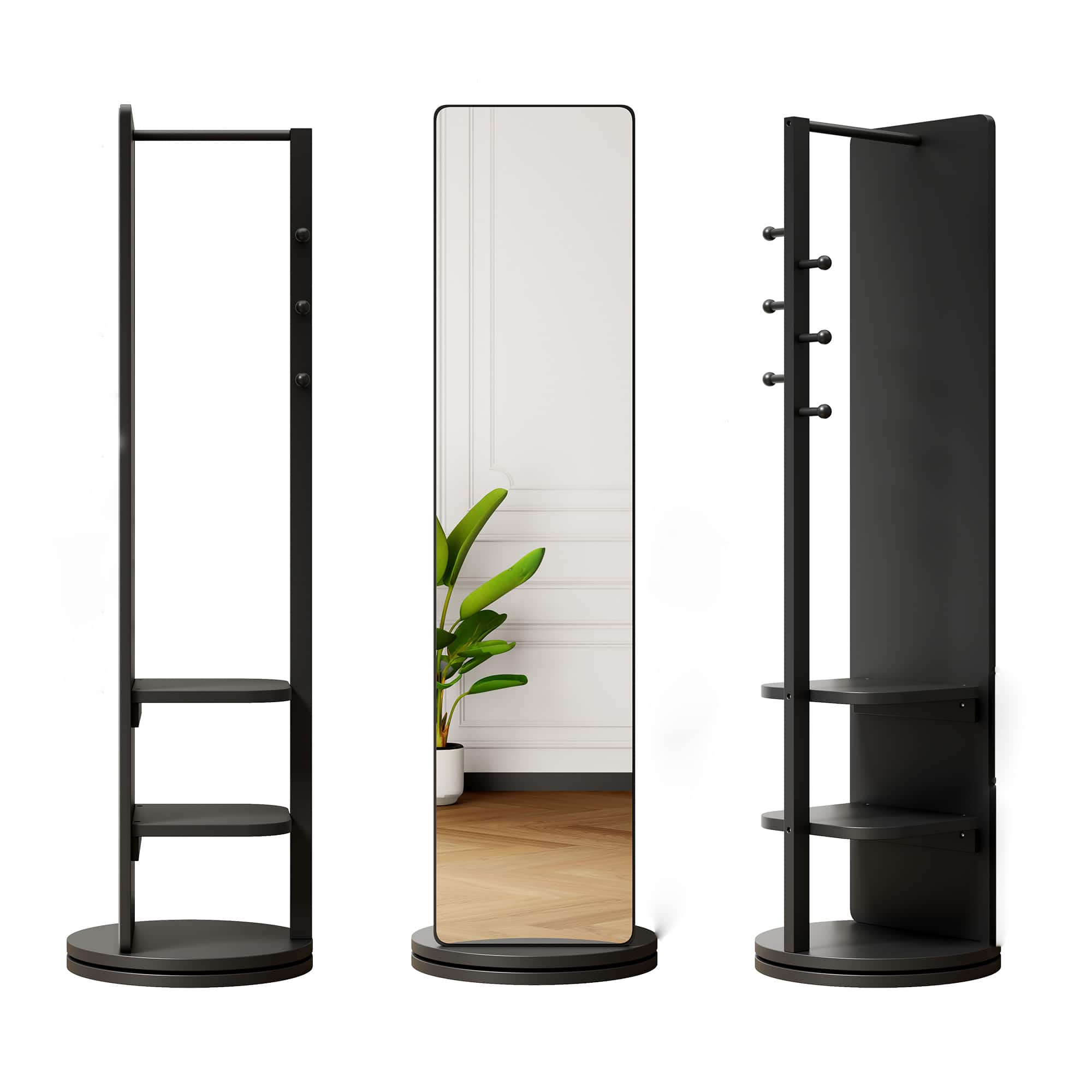 Ecooso - 360° Rotating Full Length Mirror with Storage Hooks and Rack, Space Saving Organizer for Bedroom or Entryway - Black