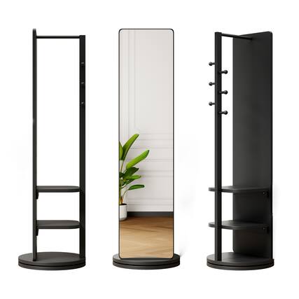 Front. Ecooso - 360° Rotating Full Length Mirror with Storage Hooks and Rack, Space Saving Organizer for Bedroom or Entryway - Black.