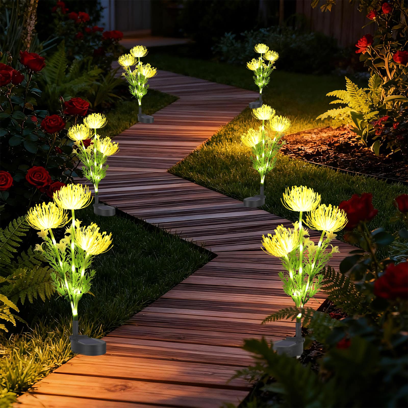 Oumilen - 6PCS Solar-Powered Flower Stake Lights - Decorative Outdoor Garden Pathway Lights with Artificial Blooms