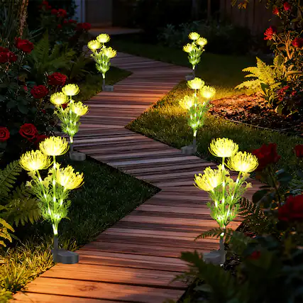 Front. Oumilen - 6PCS Solar-Powered Flower Stake Lights - Decorative Outdoor Garden Pathway Lights with Artificial Blooms.
