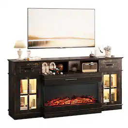 Chateau Abodes - 70" Electric Fireplace TV Stand with 36" 3-Sided Glass Insert, 2 Lattice Glass Doors, 2 Drawers & Shelf - Black Gold Oak