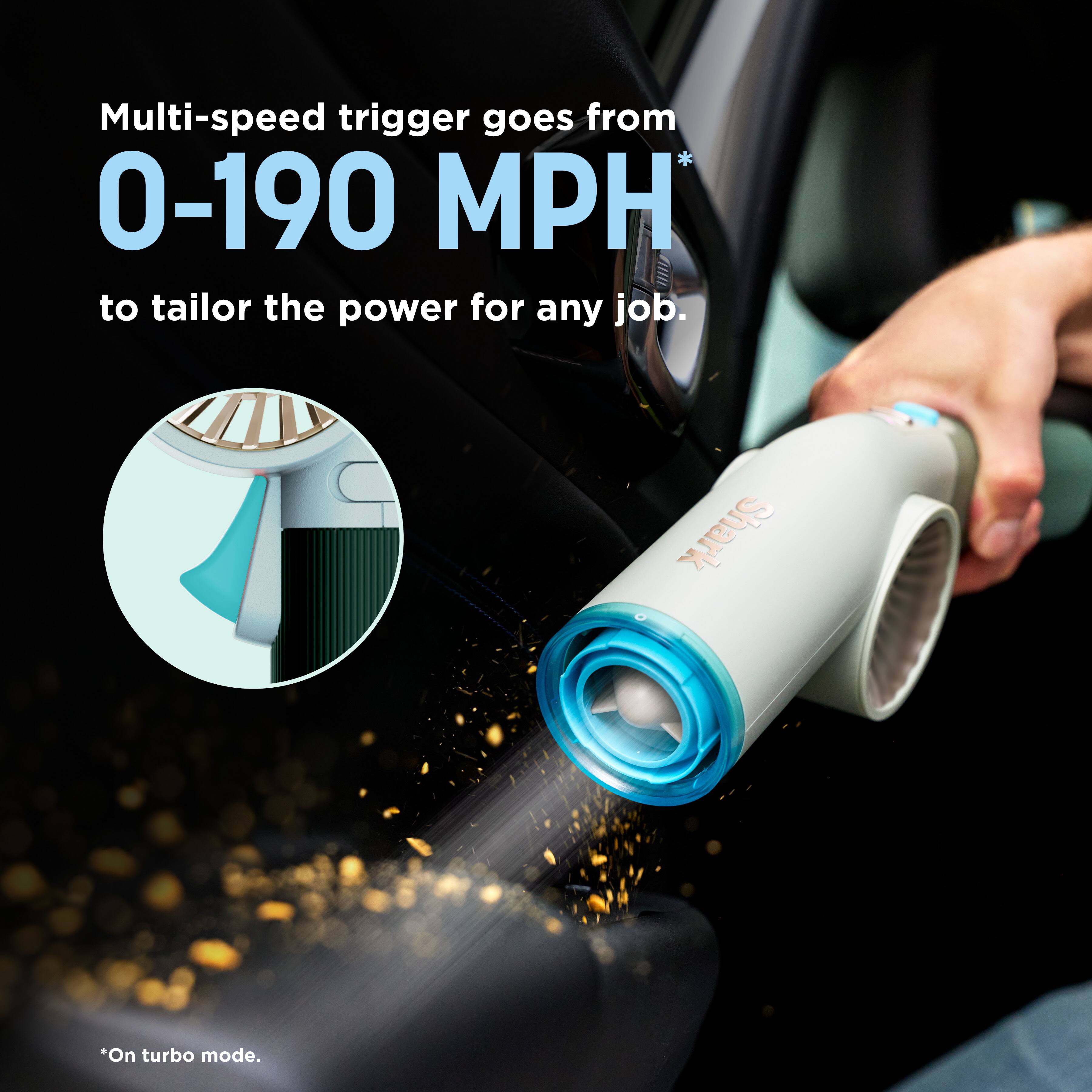 Multi-speed trigger goes from 0-190 MPH* to tailor the power for any job.

*On turbo mode.