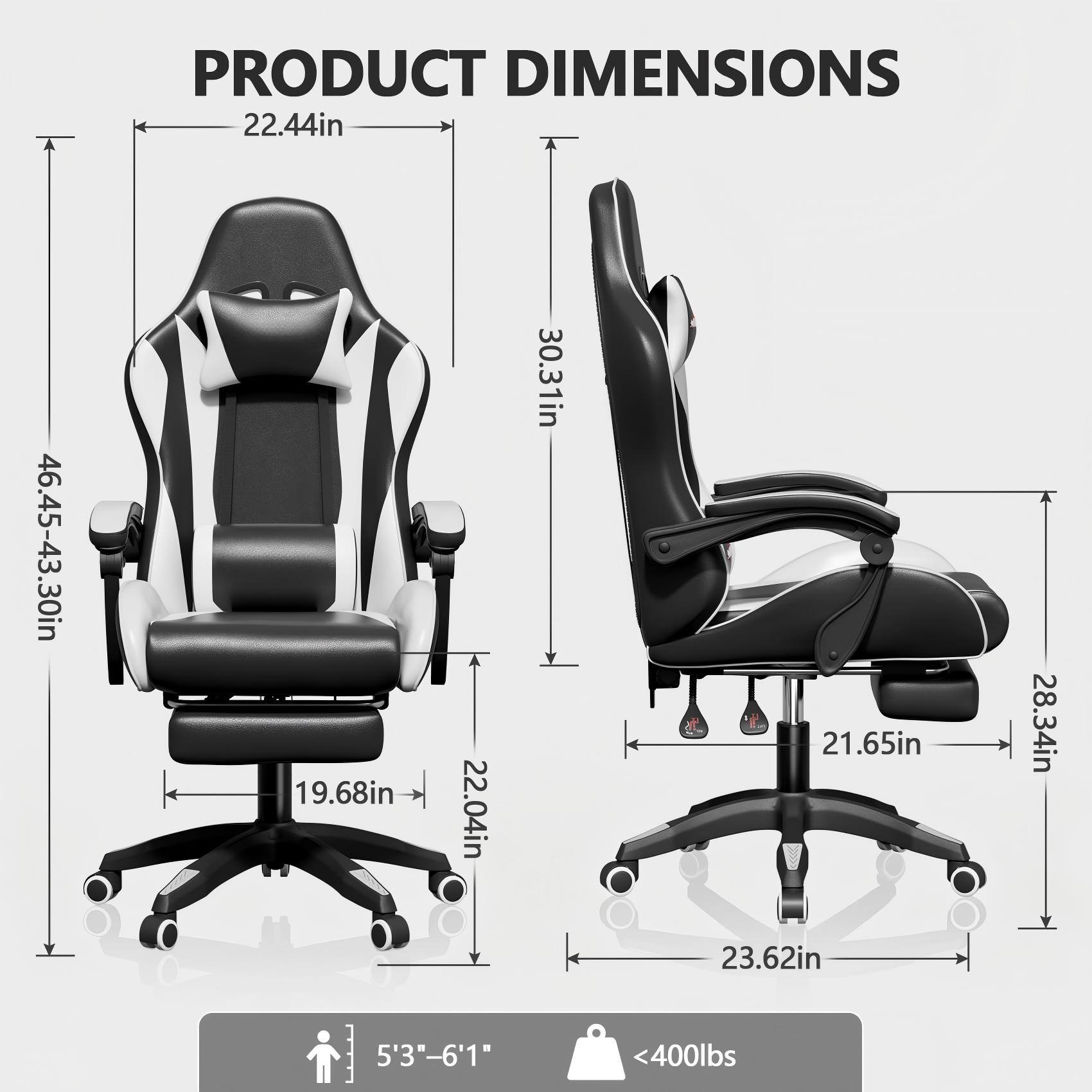 PRODUCT DIMENSIONS

- Width: 22.44in
- Height: 46.45-43.30in
- Depth: 19.68in
- Seat Height: 22.04in
- Back Height: 30.31in
- Seat Width: 21.65in
- Armrest Width: 28.34in
- Base Width: 23.62in

- Height Range: 5'3" - 6'1"
- Weight Capacity: <400lbs