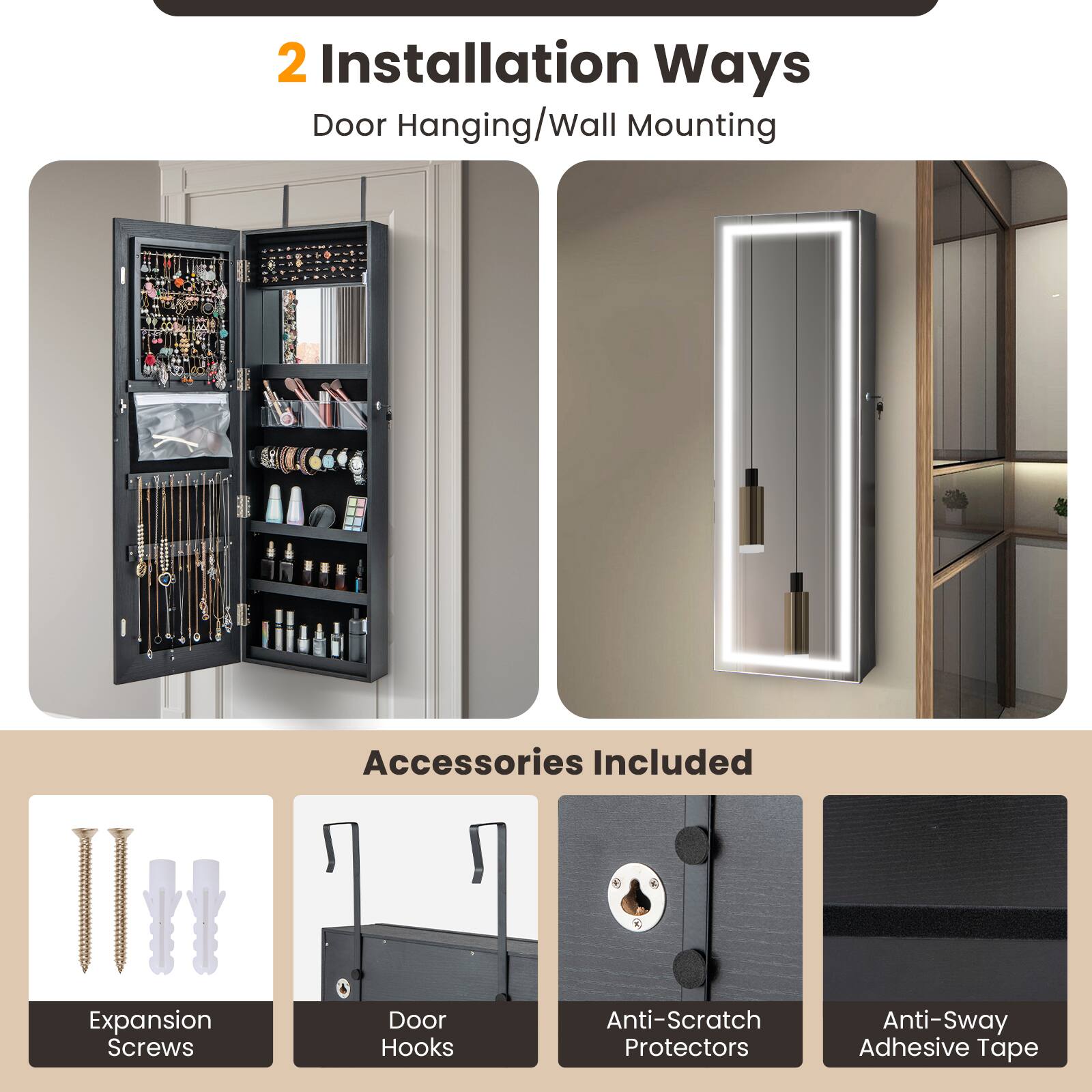 The image features two installation ways for a door hanging or wall mounting system. The system includes expansion screws, door hooks, anti-scratch protectors, and anti-sway adhesive tape. These accessories are designed to provide a convenient and secure way to hang or mount a door or other items on a wall. The anti-scratch protectors and anti-sway adhesive tape help prevent damage to the wall and ensure that the mounted item remains stable and secure.