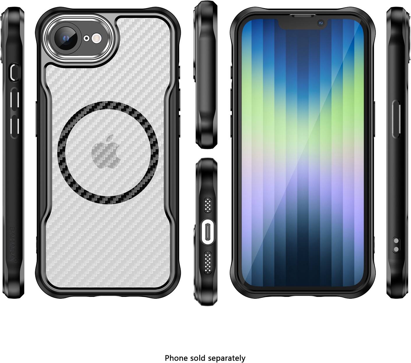 The image shows a close-up of a cell phone with a case on it. The case is made of a hard plastic material and features a design that includes the Apple logo. The phone is held in a vertical position, and the case is placed on top of the phone. The image also includes a separate phone, which is not attached to the case. The text "Phone sold separately" indicates that the phone is not included with the case and must be purchased separately.