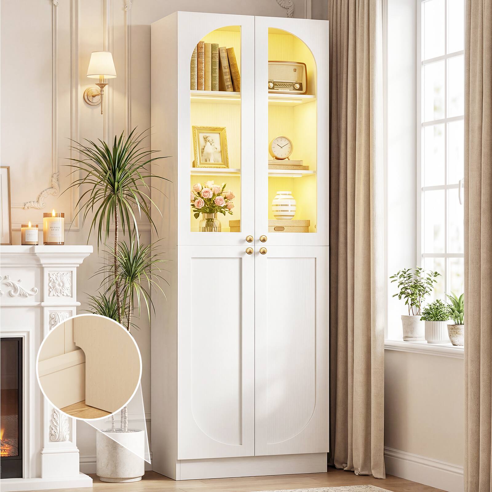 Front. Aheaplus - 6-Tier 80'' Tall Bookcase, with 3 Motion Sensor Lights, Arched Doors, and Adjustable Shelves - White.