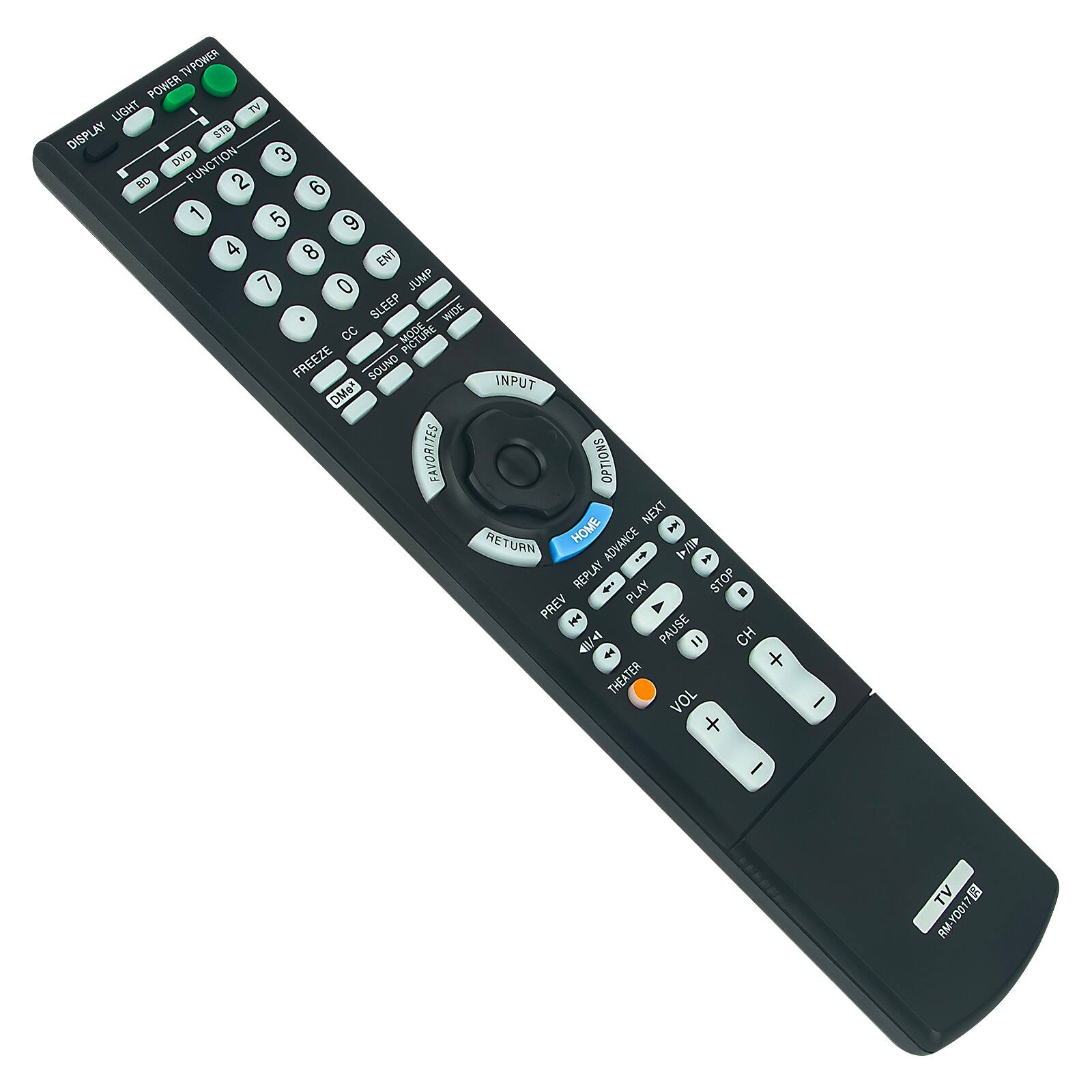 7 TPOWER POWER LIGHT TV DISPLAY STS 1 DVD 0 FUNCTION 3 DD 2 9 1 5 9 4 8 ENT 7 0 JUMP SLEEP WIDE CC PICTURE FREEZE SOUND INPUT DMa FAVORITES OPTIONS NEXT RETURN HOME ADVANCE /I REPLAY PLAY STOP I PREV A 144 41/ PAUSE I CH 4 + THEATER VOL + I I TV i 2 YO0 AM
