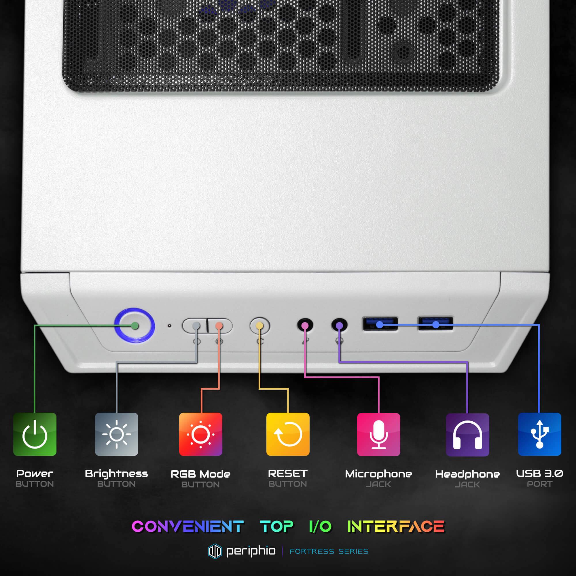 J8RUN Power BUTTON Brightness RGB Mode BUTTON RESET BUTTON Microphone Headphone USB 3.0 JACK JACK PORT CONVENIENT TOP I/O INTERFACE periphio FORTRESS SERIES