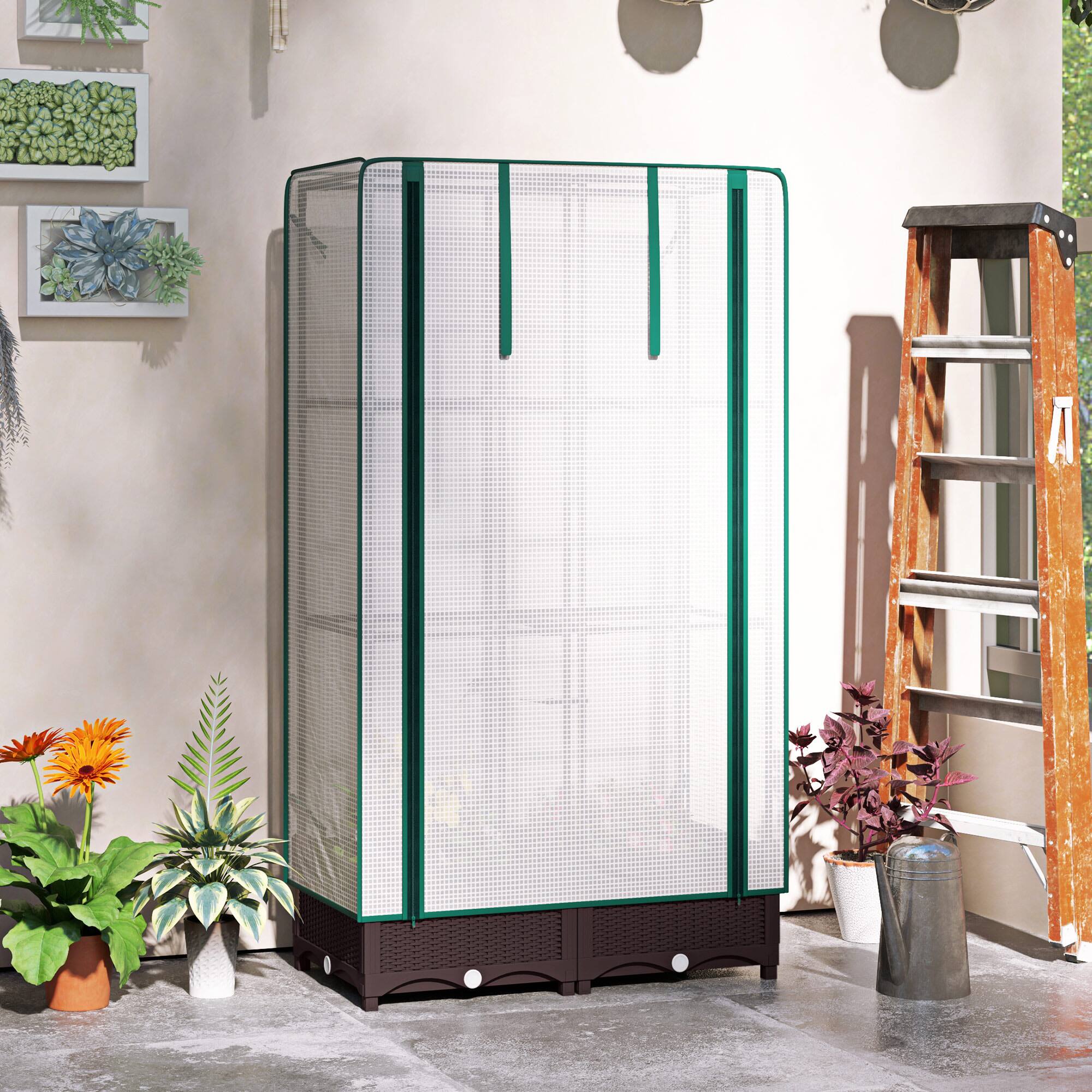 Alt View 7. Outsunny - Plastic Raised Garden Bed with Trellis, Outdoor Planter Box with PE Greenhouse Cover, Drainage Holes and Zipper Door - Brown.