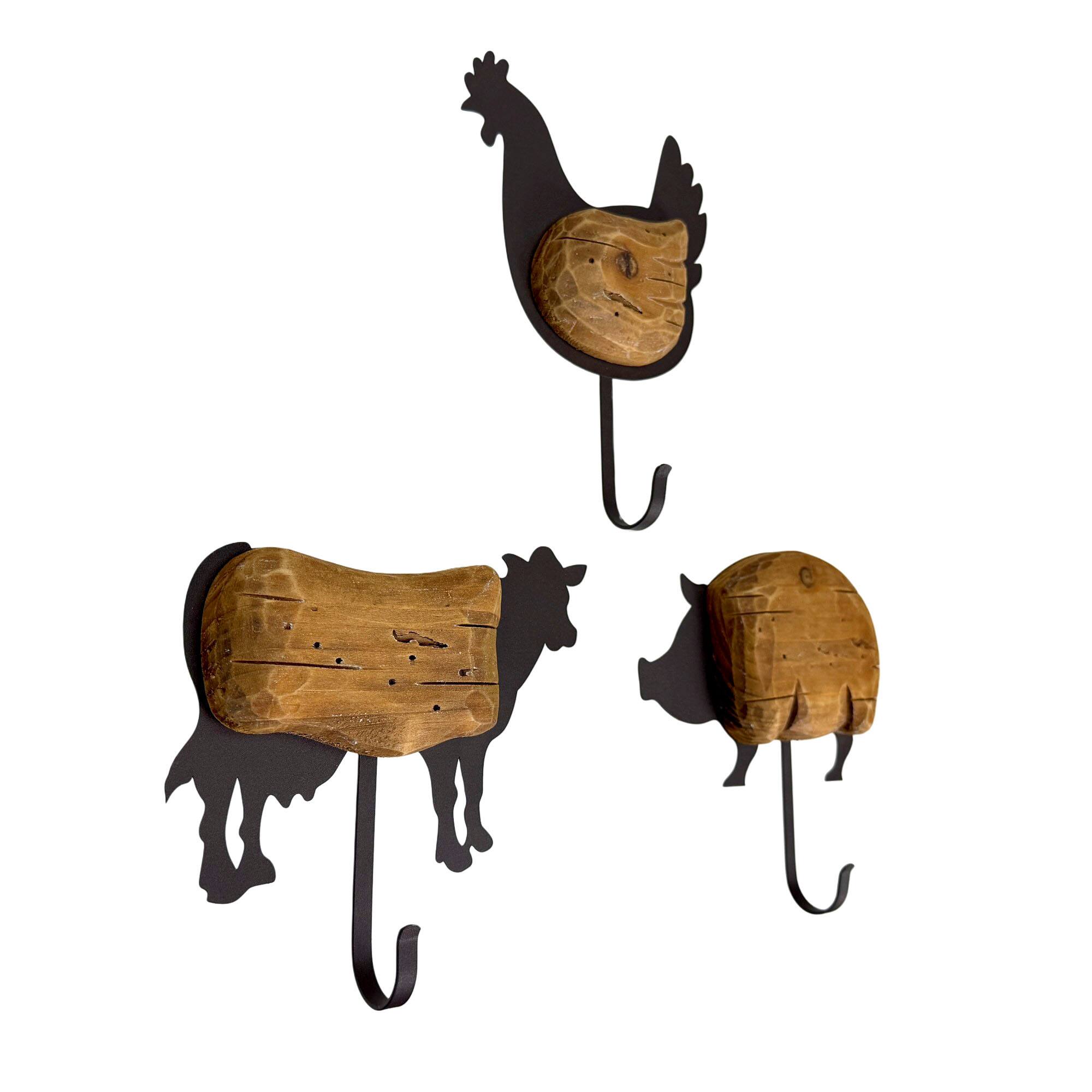 Alt View 1. Things2Die4 - Farm Animal Wall Hooks Set of 3 Wood Metal Farmhouse 7 in Brown Black - Brown.