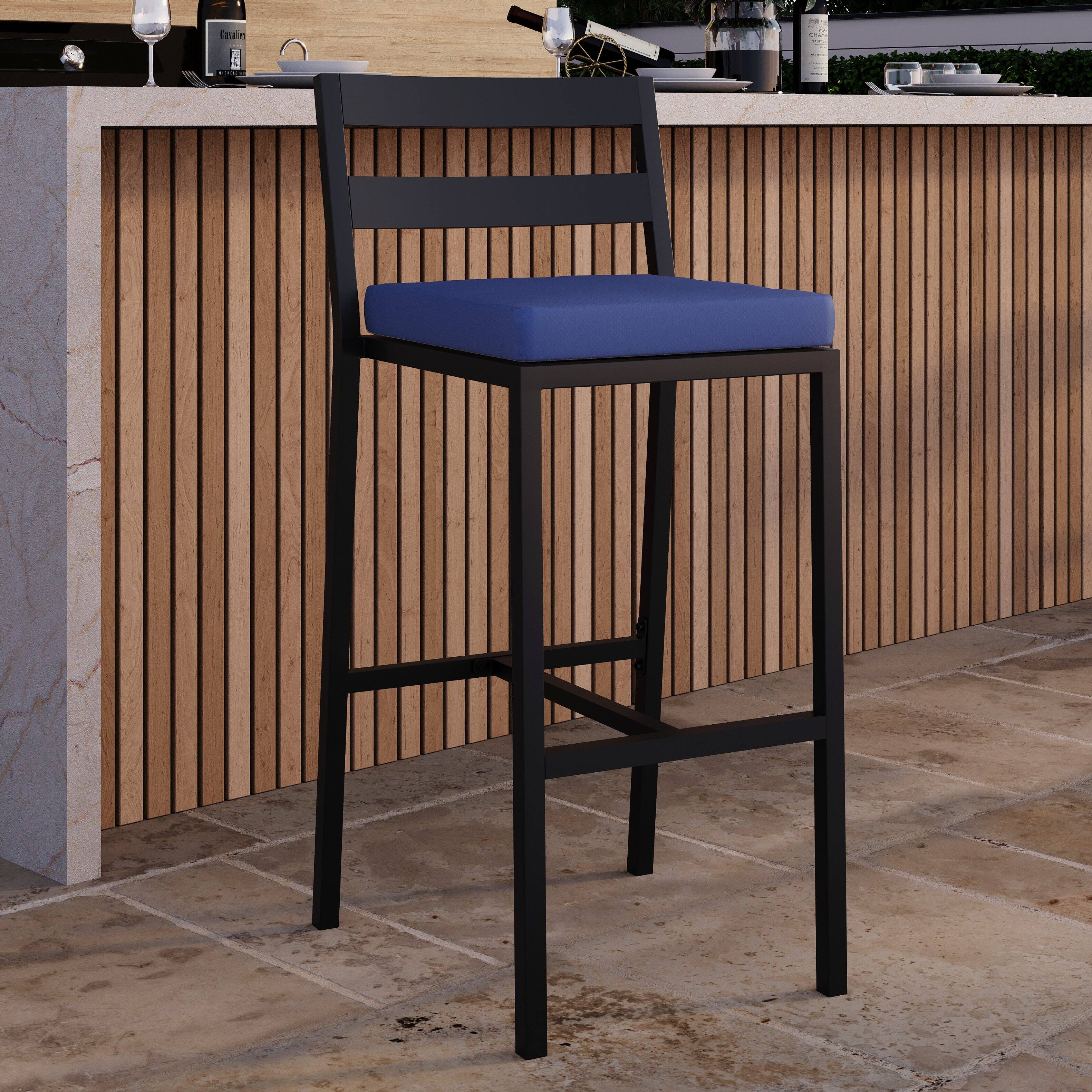Left. LeisureMod - Chelsea 2-PCS Modern Patio Barstool, Rust-Proof Aluminum Low Back Outdoor Bar Stool with Olefin Cushion - Blue.