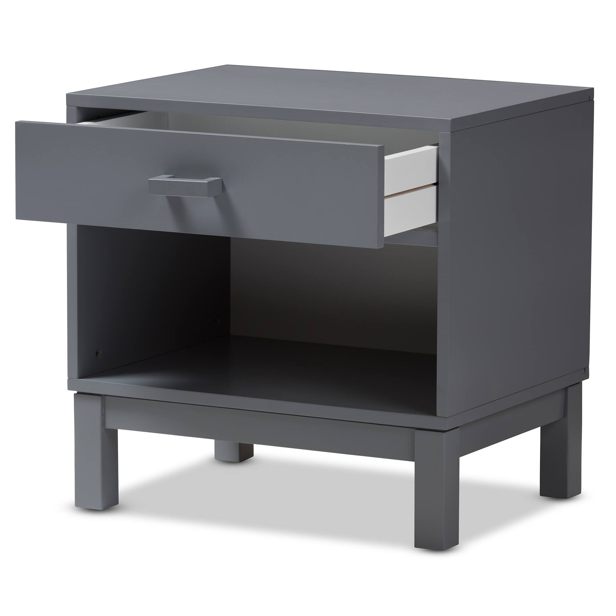 Angle. Baxton Studio - Deirdre Modern and Contemporary Wood 1-Drawer Nightstand - Grey.