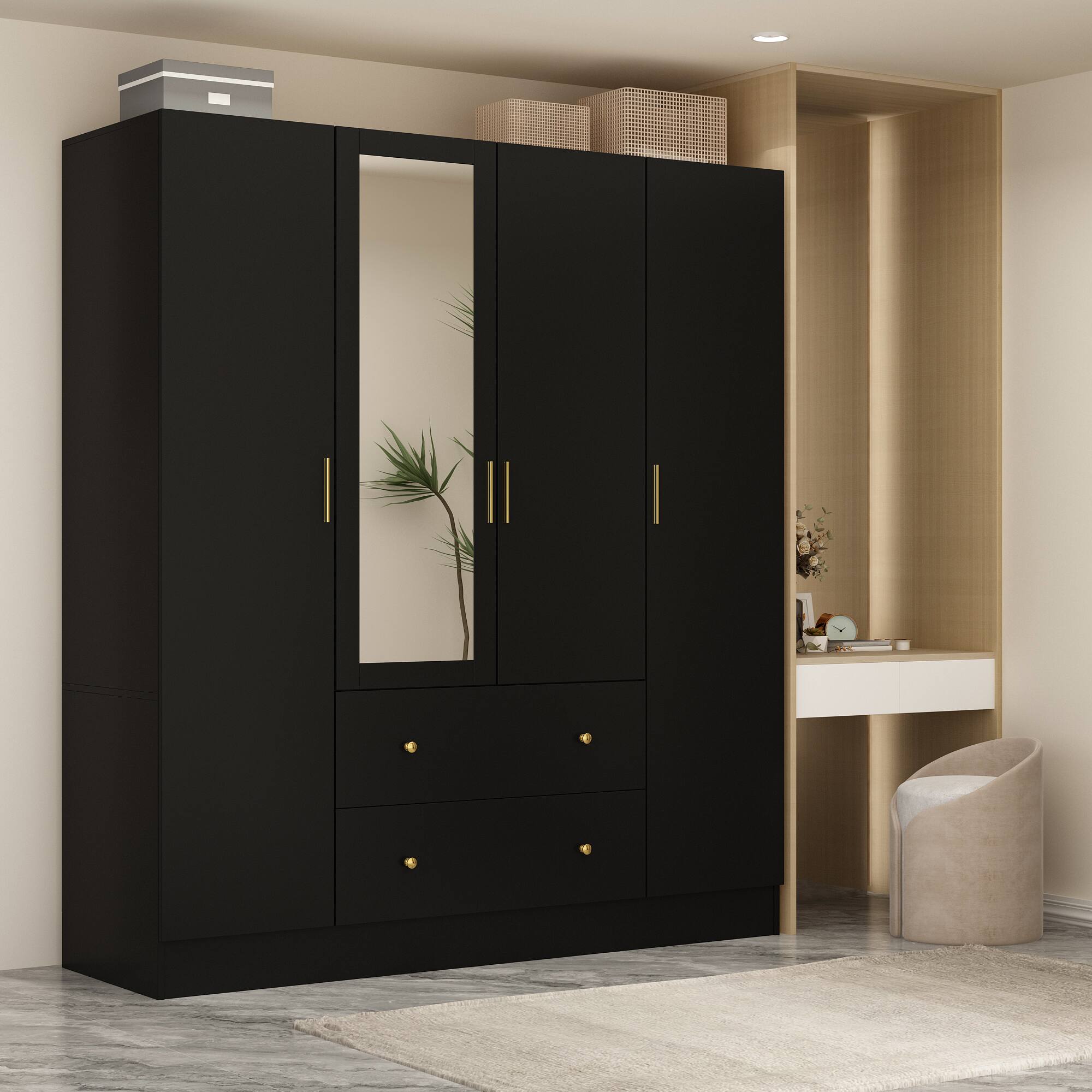 Left. Famapy - Full-Length Mirror Wardrobe with Drawers & Open Shelves Modern Bedroom Closet for Clothes, Accessories & Organization - Black.