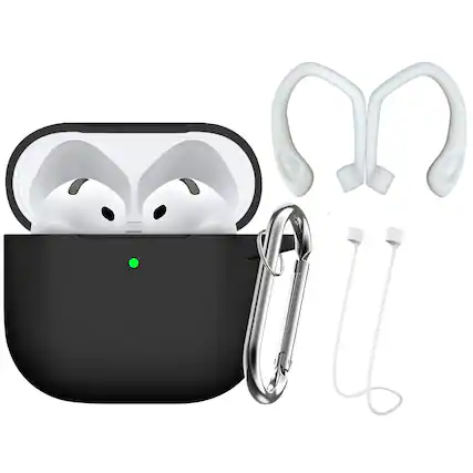 Front. Rainforest Accessories - Silicone Case For Apple Airpods 4th Generation With Accessories - Black.