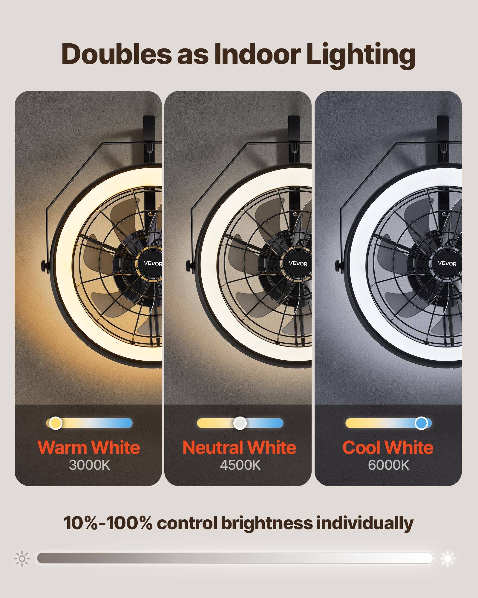 Doubles as Indoor Lighting

Warm White 3000K  
Neutral White 4500K  
Cool White 6000K  

10%-100% control brightness individually