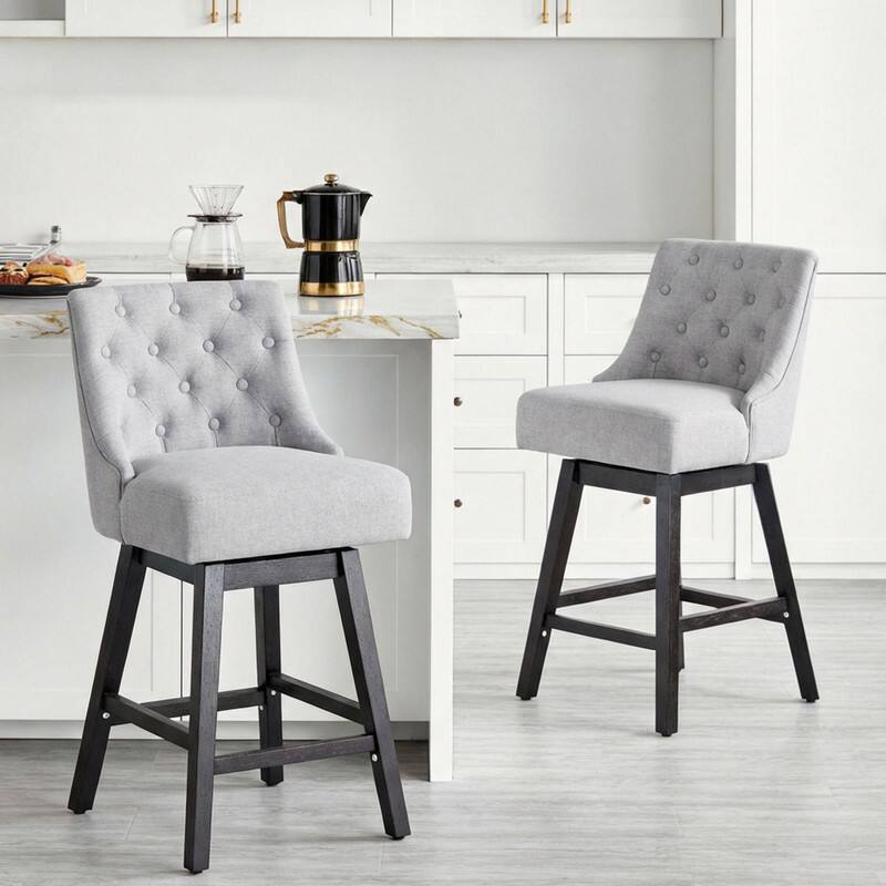 Left. Dyonery - 4 pcs modern style bar stool, 36-inch high bar, retro diamond buckle design, rotatable, solid wood legs, linen，Grey - Grey.