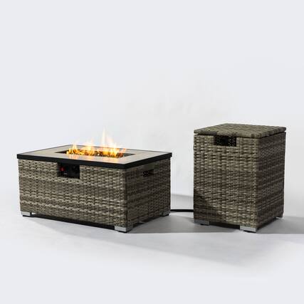 Front. Boyel Living - 32 Inch Rectangular Outdoor Propane Fire Pit Table with Tank Cover - Beige.