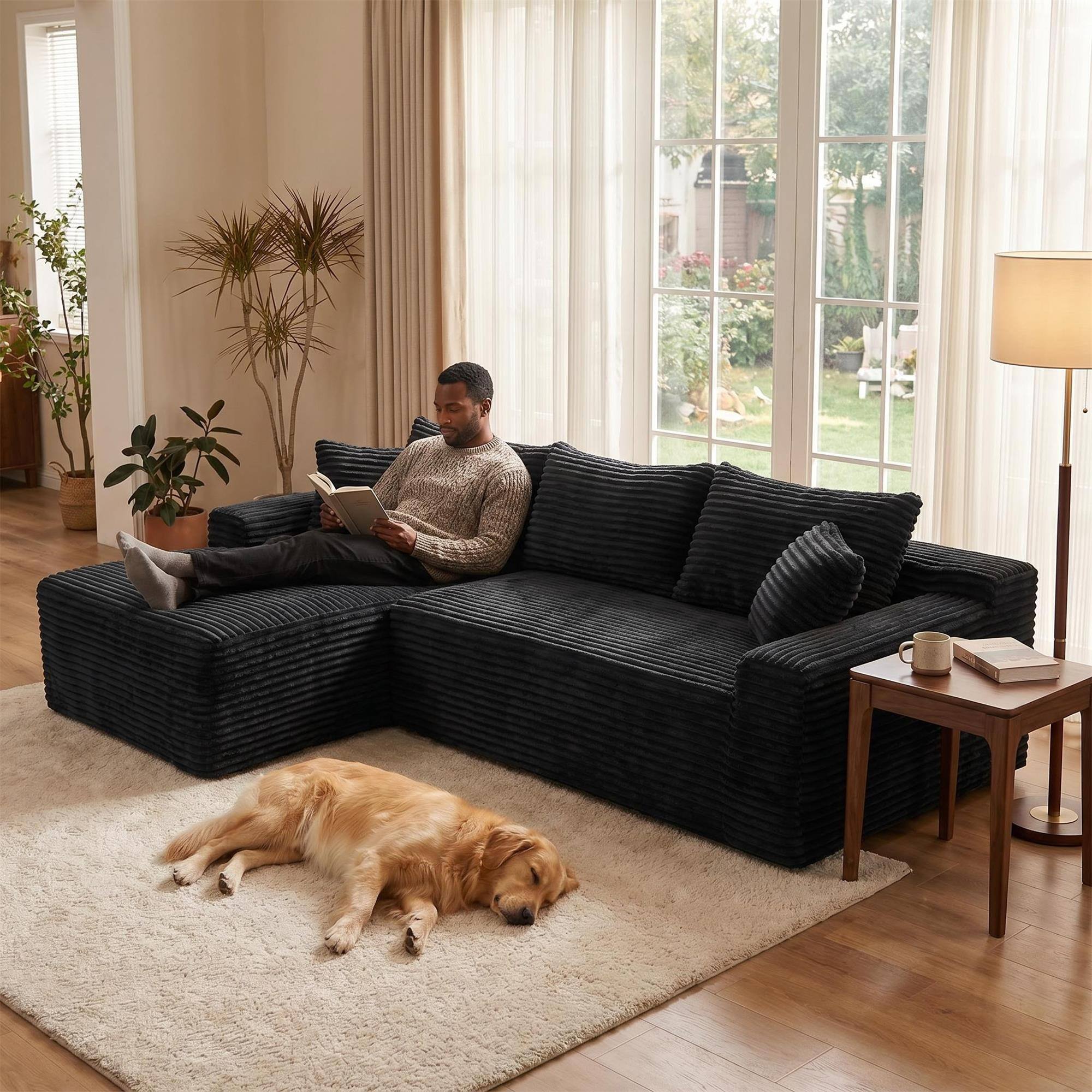 Alt View 3. Boyel Living - 106.3-Inch Corduroy Modular L-Shaped Cloud Sectional Sofa with Chaise - Black.