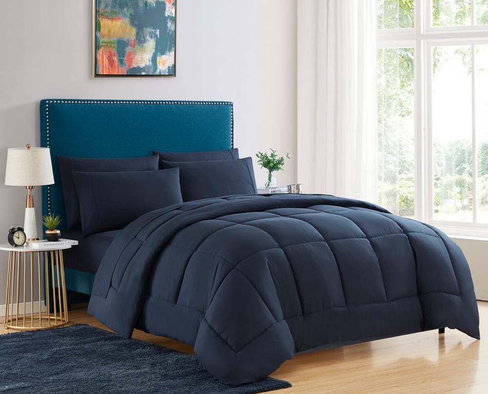 Front. Sweet Home Collection - All Season Reversible Bed-in-A-Bag Solid Color Comforter & Sheet Set, Queen - Navy.