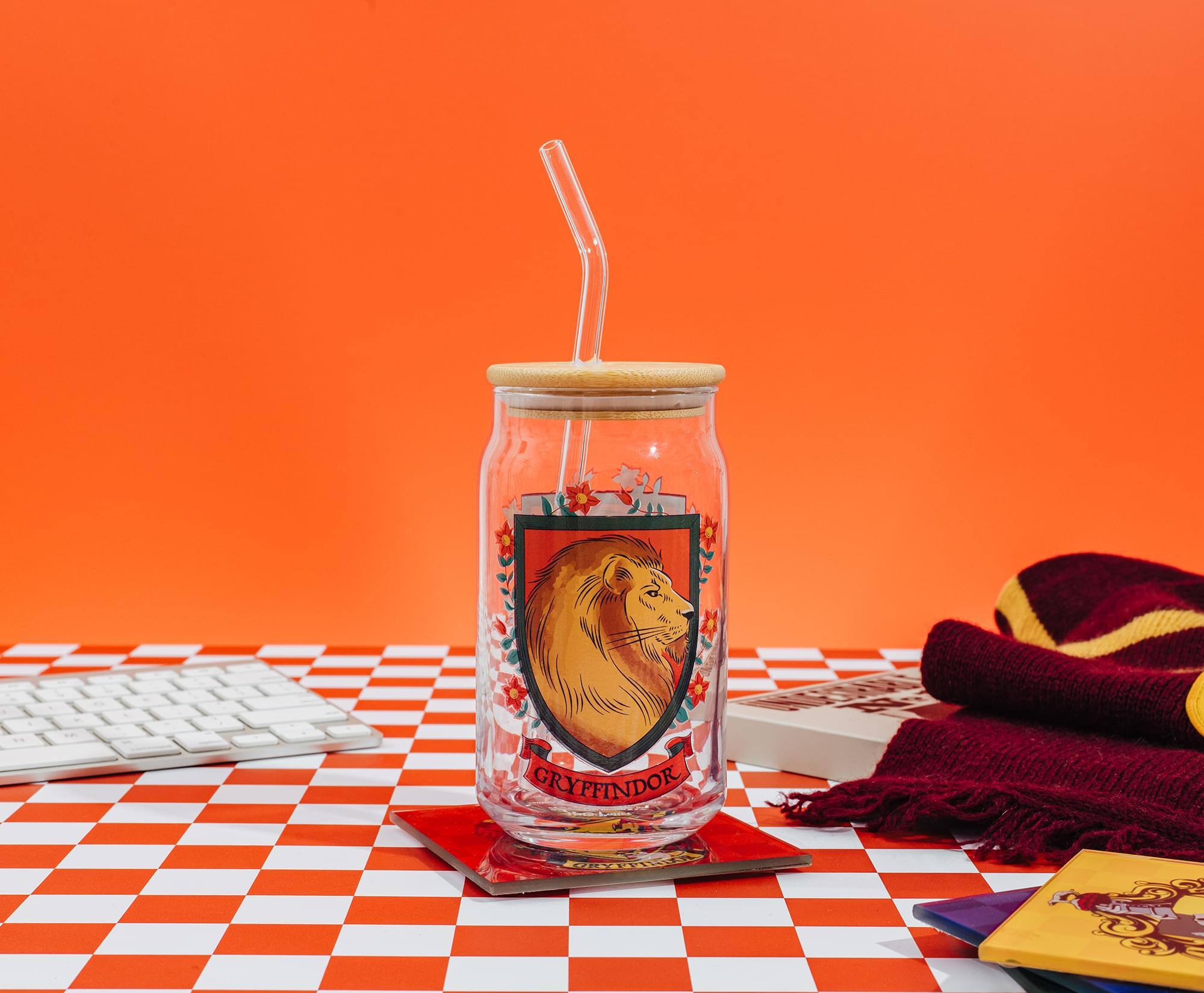 Alt View 2. Silver Buffalo - Harry Potter Gryffindor House Mascot Glass Tumbler With Bamboo Lid and Straw - Multi-Colored.